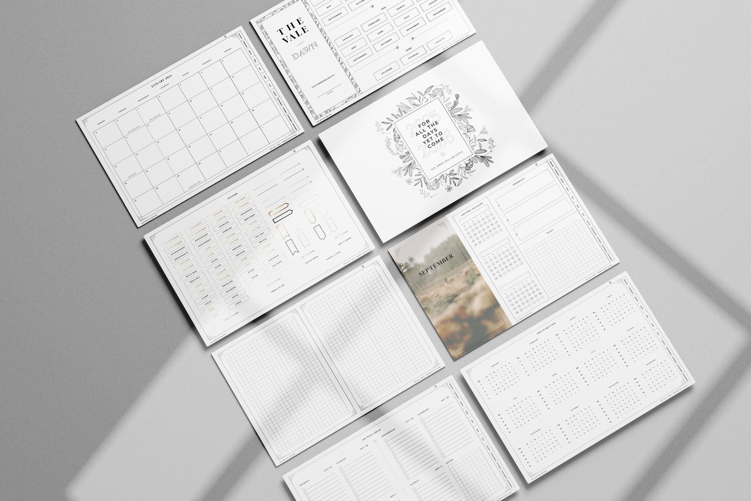THE VALE - 2025 & 2026 interactive digital planner design ; light mode sample pages ; multiple layout options ; includes stickers & journal pages ; sold on Etsy