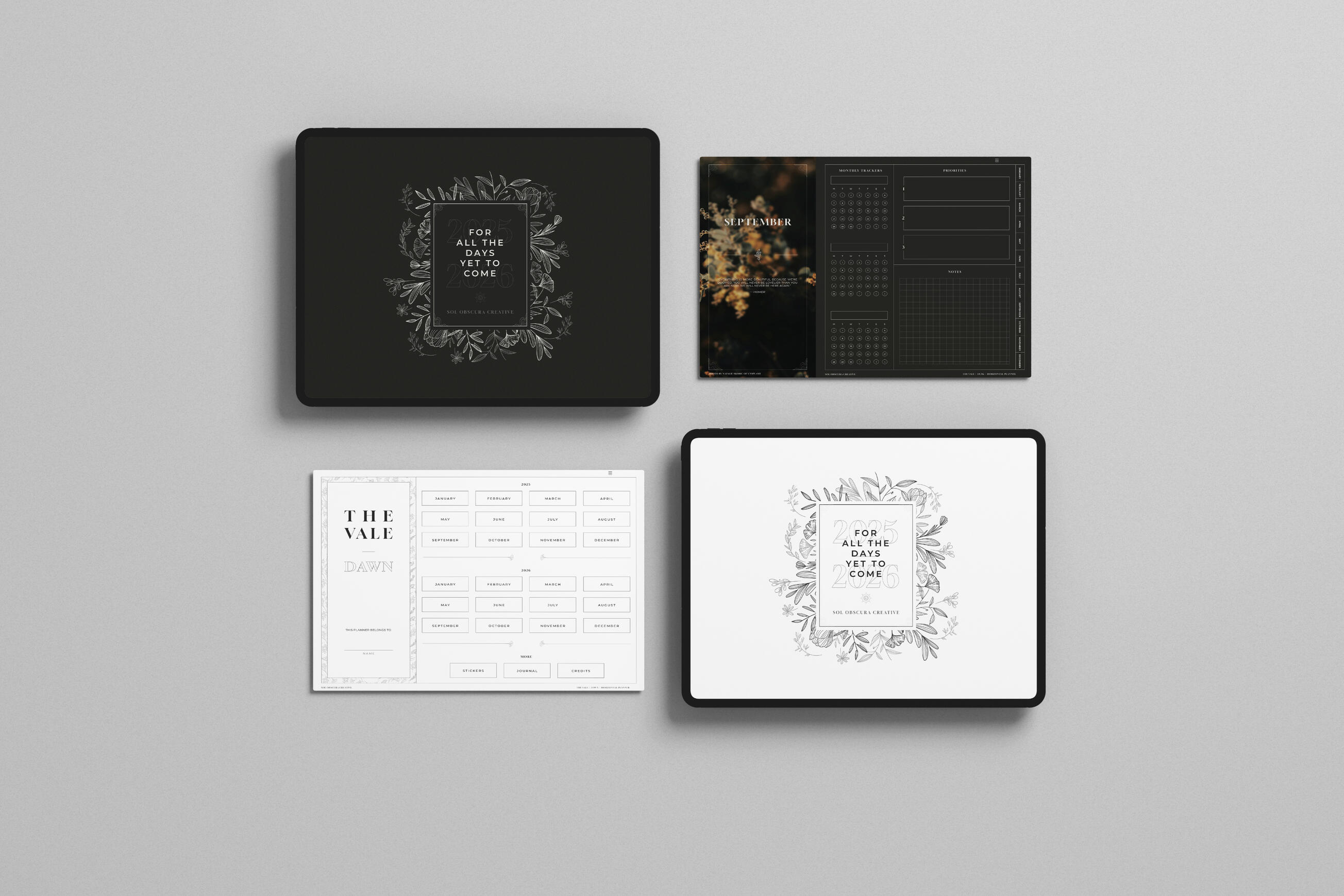 THE VALE - 2025 & 2026 interactive digital planner design ; light and dark mode options ; multiple layout options ; includes stickers & journal pages ; sold on Etsy
