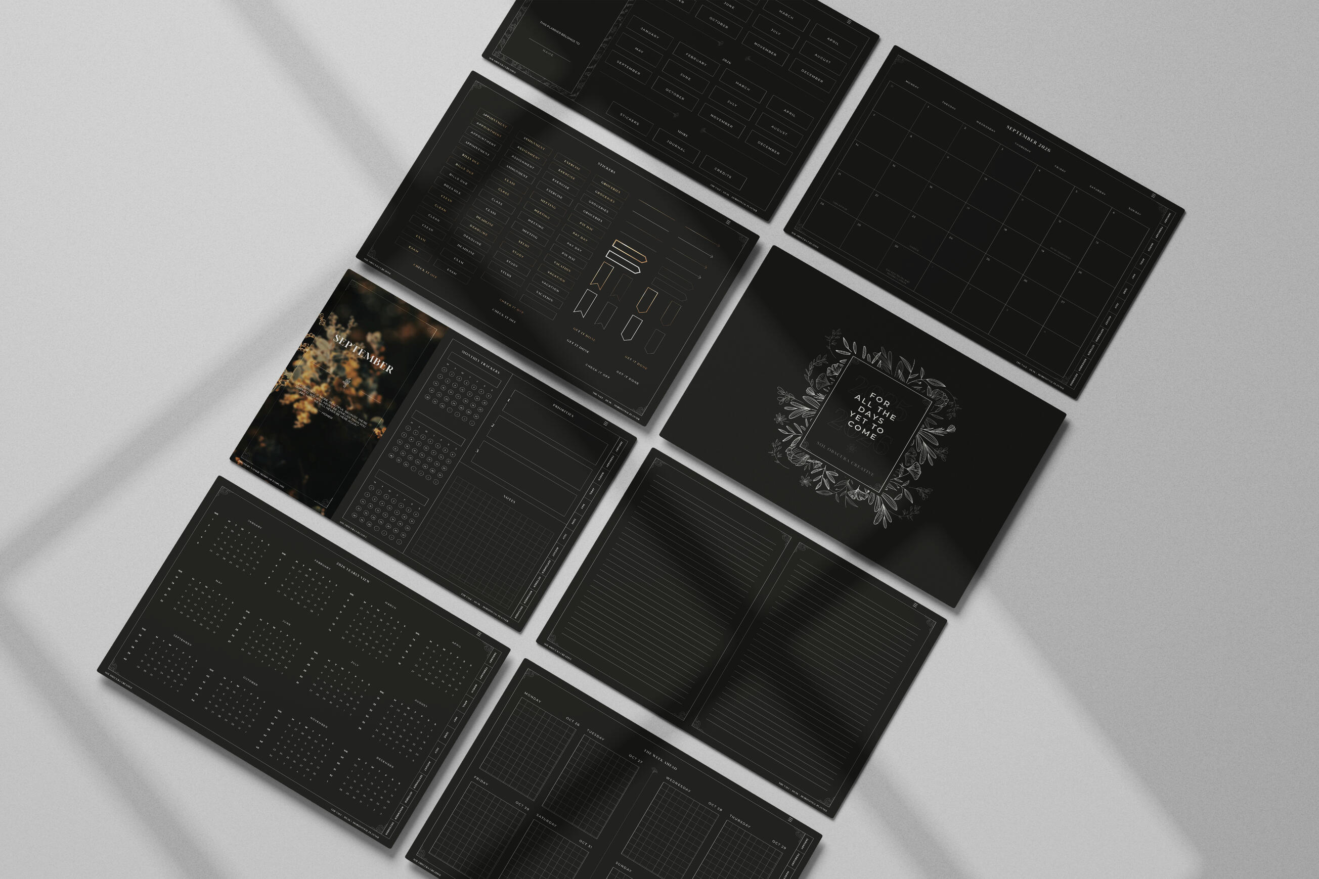 THE VALE - 2025 & 2026 interactive digital planner design ; dark mode sample pages ; multiple layout options ; includes stickers & journal pages ; sold on Etsy